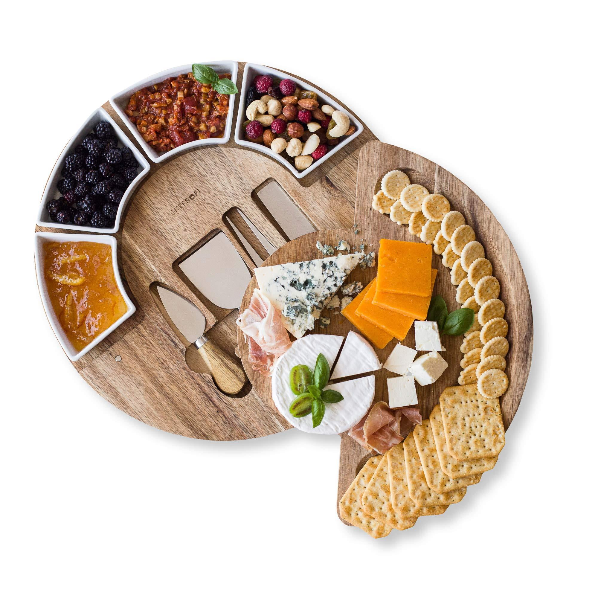 Acacia Wood Round Charcuterie Cheese Board Set with Ceramic Bowls