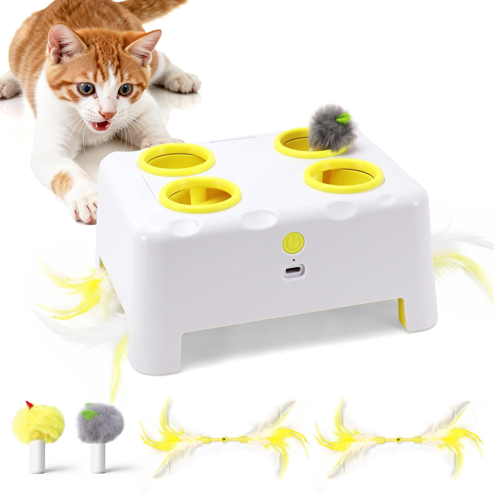 Cheese Box Interactive Cat For Indoor Cats  3-in-1 Whack A Mole 3 Modes Rechargeable Auto Toys Bored 4 Holes Kitten 4 Accessories (white)