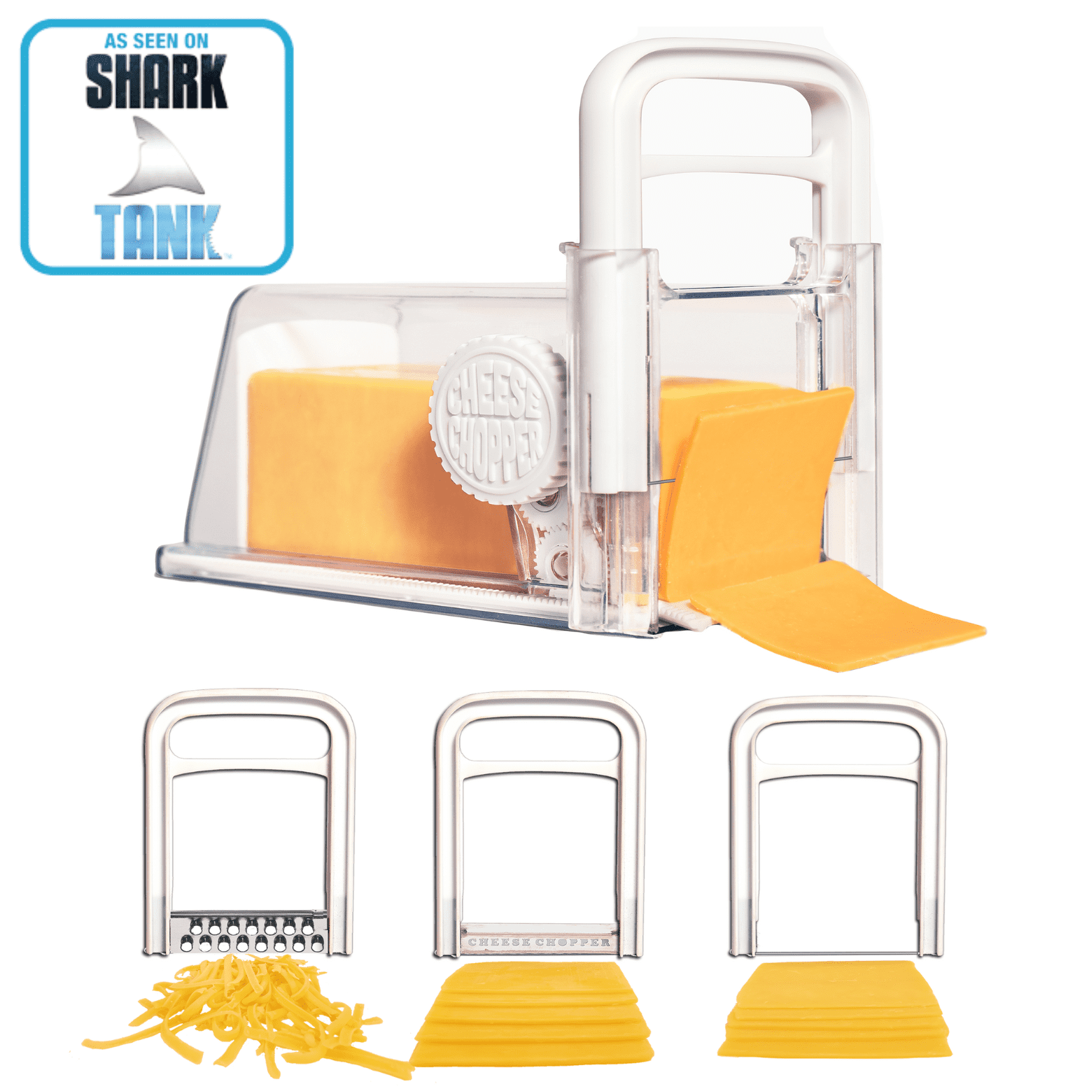  Cheese Chopper 4-in-1, Cheese Storage with Handle, Grater,  Wire and Blade Attachments, Instant Fridge Storage