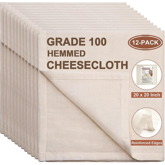 Cheese Cloths, 12-Pack, 20x20Inch Squares with Hemmed Edges, Grade 100 Ultra Fine Reusable Cheesecloth for Straining, Unbleached Cotton Muslin Cloths for Cooking, Nut Milk, Butter & Baking