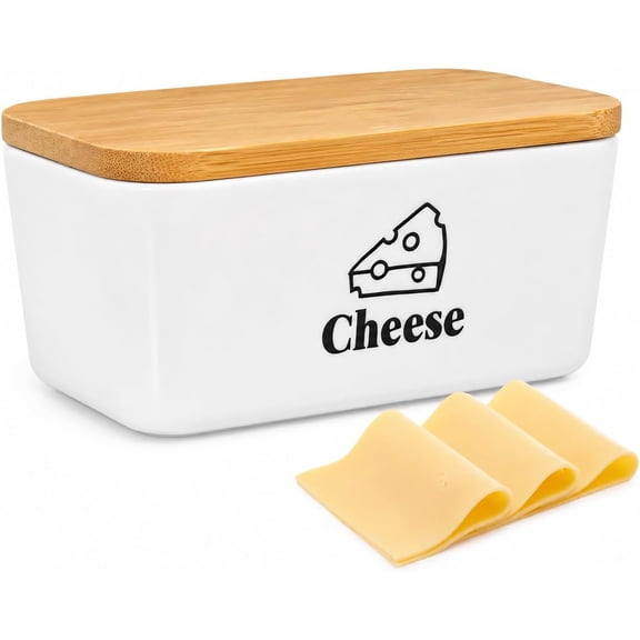 Cheese Container for Refrigerator, Ceramic Cheese Keeper with Airtight Bamboo Lid, Lunch Deli Meat Containers for Fridge,Shredded Cream Block Sliced,Grated,Cheddar Cheeses Storage Box Saver keeper
