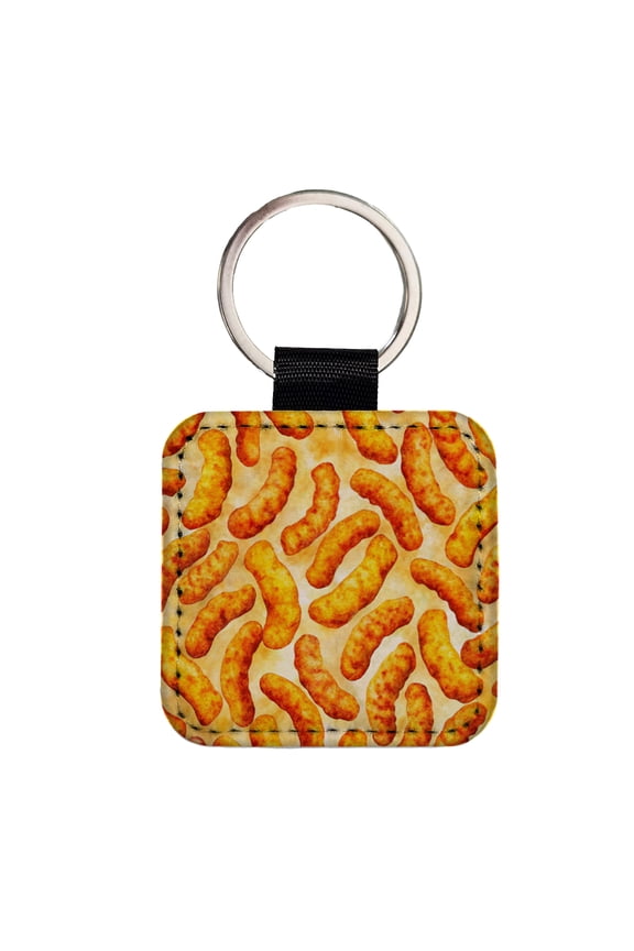 Cheese Curls Puffs Snacks Faux Leather Square Keychain