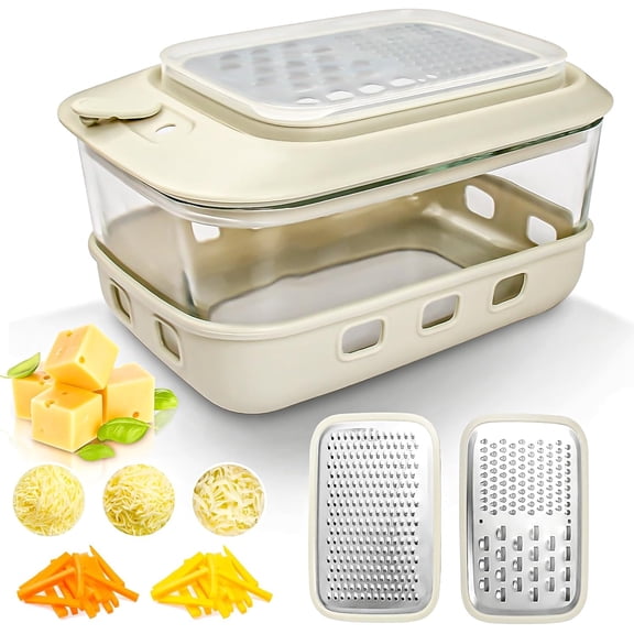 Cheese Grater with Container and Lid,Glass Food Storage Box with Silicone Sleeves,Hand Chopper Graters,for Ginger, Vegetables, Butter, Chocolate & Nutmeg,for Microwave, Dishwasher, Oven