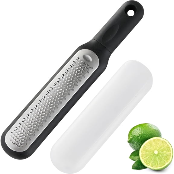 Cheese Grater with Handle, Stainless Steel Lemon Zester Graters for Kitchen, Grater for Ginger, Garlic, Cheese, Chocolate, Nutmeg, Spices, Protective Cover Included, Dishwasher Safe (Black)
