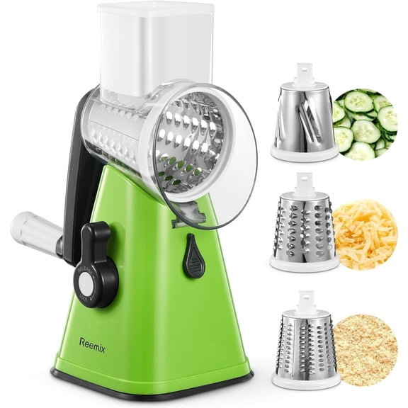 Cheese Grater, Reemix Rotary Cheese Grater with Handle, Kitchen Mandoline Vegetable Slicer with 3 Replaceable Stainless Steel Blades, for Nuts, Vegetable, Chocolate, Chesse (Green)