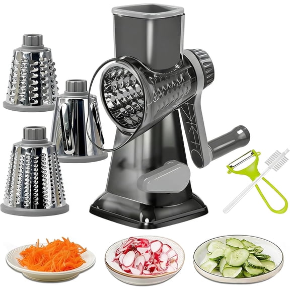 Cheese Grater Rotary Grater Versatile Shredder Blades for Shredding Grating Slicing Cheese Shredder with Suction Base and Cleaning Brush Kitchen Gift (gray)