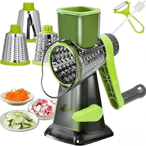 Cheese Grater Rotary Cheese Grater,Versatile Cheese Shredder,Blades for Shredding, Grating, Slicing,Cheese Shredder with Suction Base and Cleaning Brush Kitchen Gift (green)