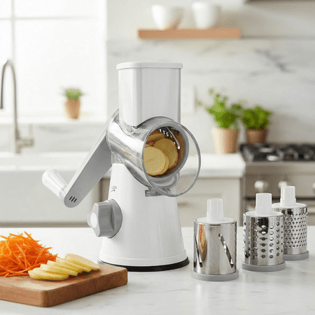 3 in 1 Cheese Grater, Rotary Cheese Shredder Grater for Kitchen Cheese Grater with Handle, Potato Slicer Vegetable Chopper with Suction Base, White