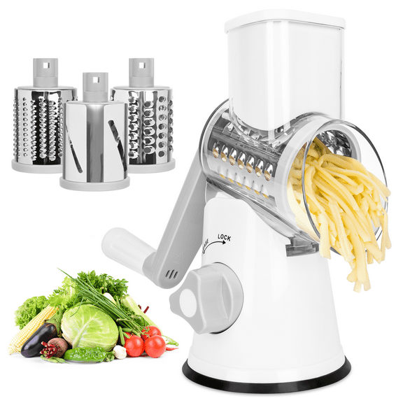 3 in 1 Cheese Grater, Rotary Cheese Shredder Grater for Kitchen Cheese Grater with Handle, Potato Slicer Vegetable Chopper with Suction Base, White