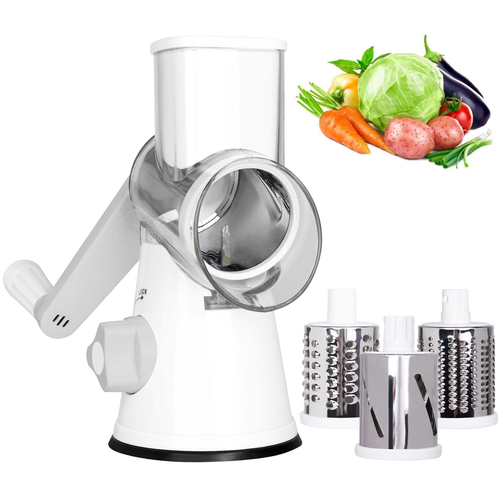 White Rotary Cheese Grater with Interchangeable Blades and Suction Base