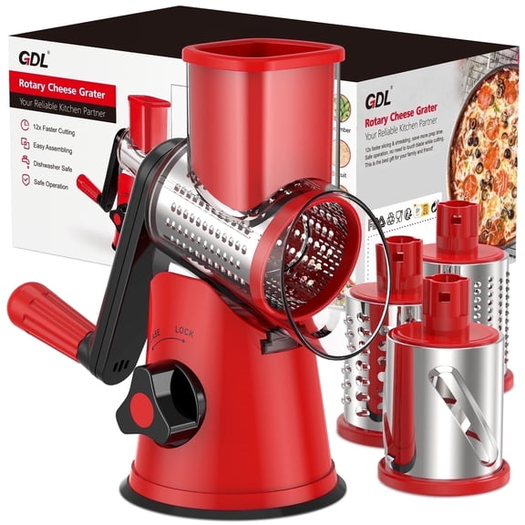 GDL Cheese Grater, Rotary Grater for Kitchen, Vegetable Slicer with 3 Drum Blades, Fast Cutting Cheese Shredder for Vegetables and Nuts