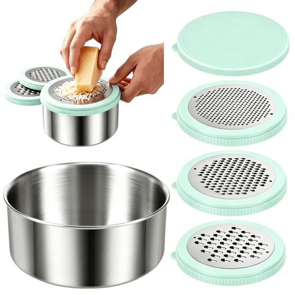 Cheese Grater with Container, 4 in 1 Stainless Steel Box Grater for Parmesan Ginger and Garlic, Dishwasher Safe Mini Zester Tool, Light Green