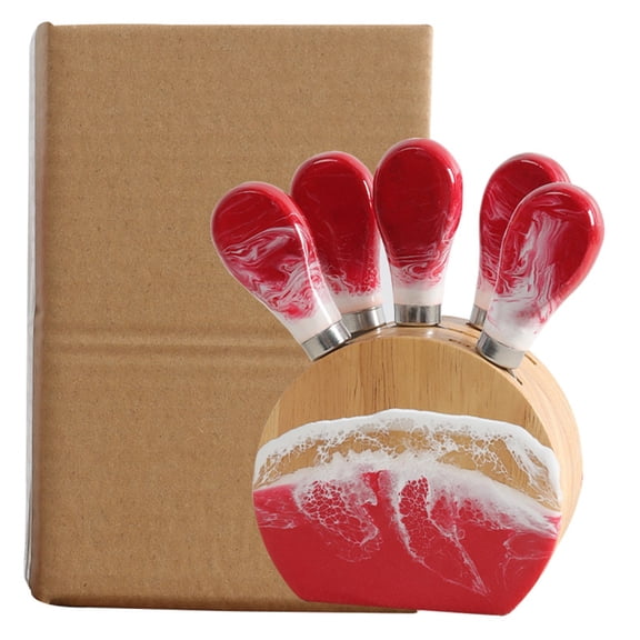 Cheese Knife Set, 5 Piece Resin Oak Base Stainless Steel Blade Collection for Charcuterie Board Hosting and Wine Parties in Home Kitchen or Gifting, Red