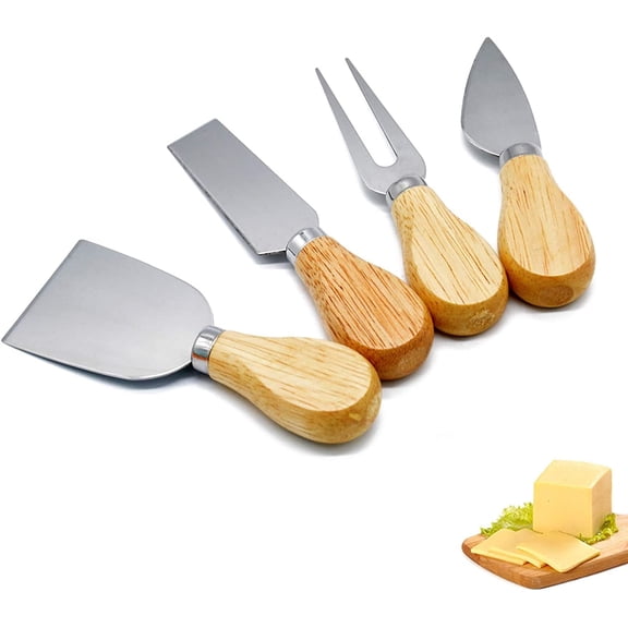 Cheese Knives with Bamboo Wood Handle, Set of 4 Steel Stainless Cheese Slicer Cheese Cutter- Mini Knife, Butter Knife, Spatula & Fork