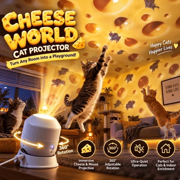 Cheese & Mouse Cat Projector, Indoor Cat Enrichment LED Projector Toy, Quiet 360 Rotation, USB Powered Interactive Chasing Game for Kitten & Adult Cats