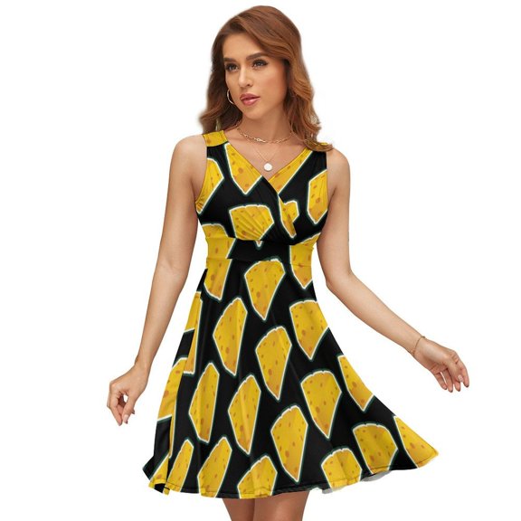 Cheese Pattern On Black Dress Summer Street Style Dresses Female Sleeveless Printed Sundress
