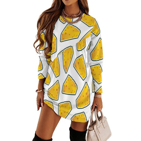 Cheese Pattern On White Background Loose Dress Evening Dress Summer Dresses for Women Luxury Dress Long Sleeved Dress