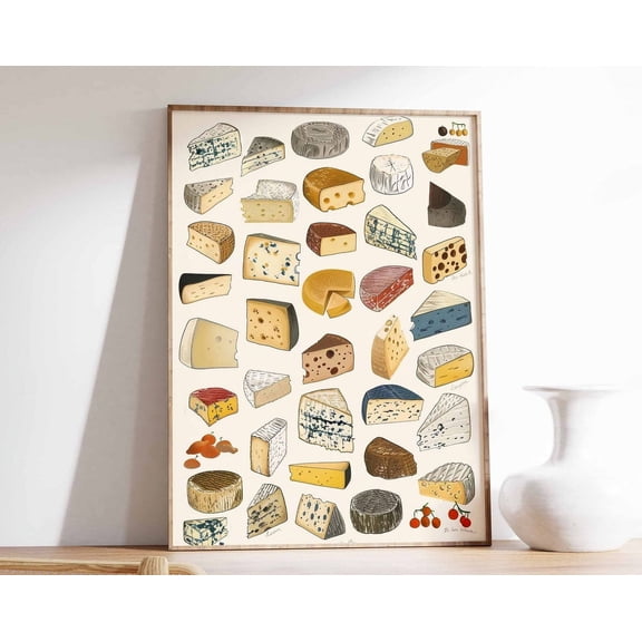 Cheese Poster, Cheese Varieties Art, Gourmet Food Print, Kitchen Decor, Food Art, Foodie Gift, Culinary Art Print, Kitchen Wall Art Wall Art, Modern Wall Decor, 24x36 UNFRAMED