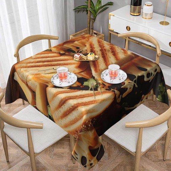 Cheese Sandwiches Square Tablecloth 54"x54", Washable Polyester Fabric Table Cloth Waterproof Wrinkle Resistant Farmhouse Dining Table Cover for Kitchen, Wedding and Parties