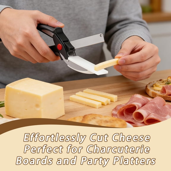Cheese Scissors, 2 in 1 Cheese Cutting Scissors with Integrated Cutting Board, Stainless Steel Blade with Safety Lock, Ergonomic Handle for Precise Block Cheese Slicing A