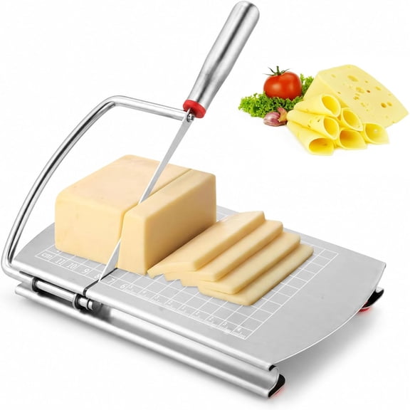 Cheese Slicer for Block Cheeses, Handheld Stainless Steel Cheese Cutter Board with Measuring Grids, Adjustable Thickness Scale for Butter, Sausages, Fruits, Kitchen Tool