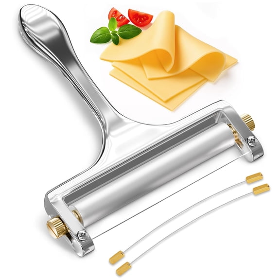 Cheese Slicer Wire -  &  Stainless  Cheese  Handheld with 2 Extra Wires, Slice Tickness Adjuster, Comfortable Handle & Dishwasher Safe, for Mozzarella, Cheddar & Gruyere Slicing
