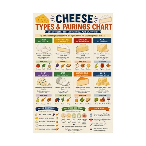 Cheese Varieties Pairing Chart Poster Culinary Education Reference for Home Cook Chef Kitchen Restaurant Decor