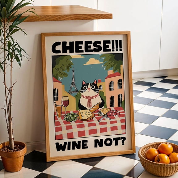Cheese and Wine Cat Art Print Poster Black Cat Decor Kitchen Dining Room French Food Wall Art Wine Lover Gift Whimsical Cat Poster, Size 12x18 UNFFRAMED F03.1.6l1587