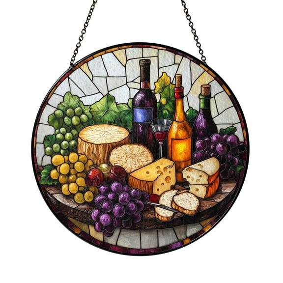 Cheese and Wine Stained Glass Suncatcher Window Hanging, Grapes Wine Bottle Stained Glass Style Window Decor, Vineyard Art Sun Catcher Ornament, Rustic Kitchen Dining Room Decoration