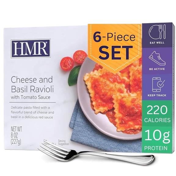 HMR Cheese and Basil Ravioli Entre | Pre-packaged Lunch or Dinner | Ready to Eat | Vegetarian | 10g of Protein | Low Calorie Food | 8oz Serving per Meal | Pack of 6