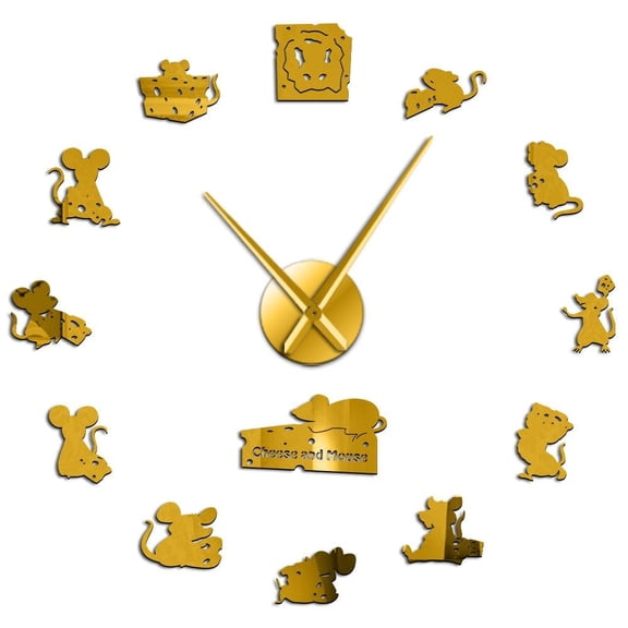 Cheese and Funny Mouse Acrylic DIY Wall Clock Cartoon Animals Nursery Wall Art Decor Mice Stealing Cheese Whimsical Clock Watch(Gold,27inch)