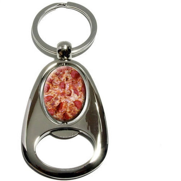 Cheese and Pepperoni Pizza Pie, Chrome Plated Metal Spinning Oval Design Bottle Opener Keychain Key Ring
