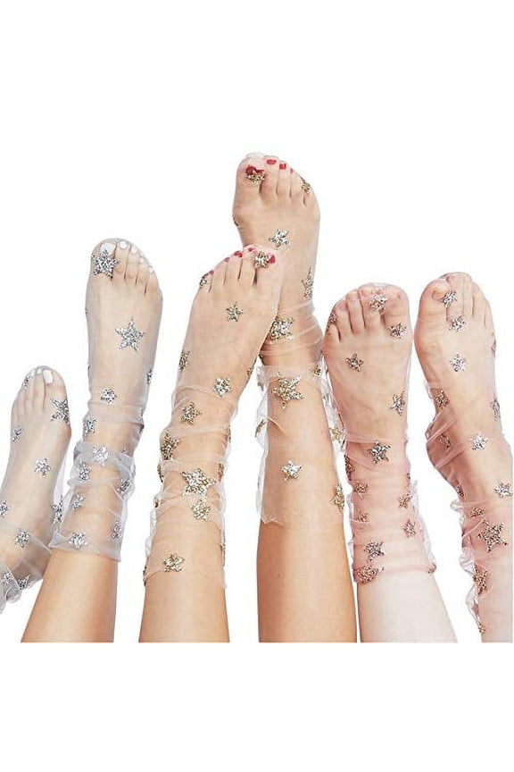 3Pairs Women Candy Colors Glitter Stars Socks Lady Transparent Mesh Shiny Ultra Thin Tulle Sock Ankle Net Yarn Girls Women Fashion Sexy Socks