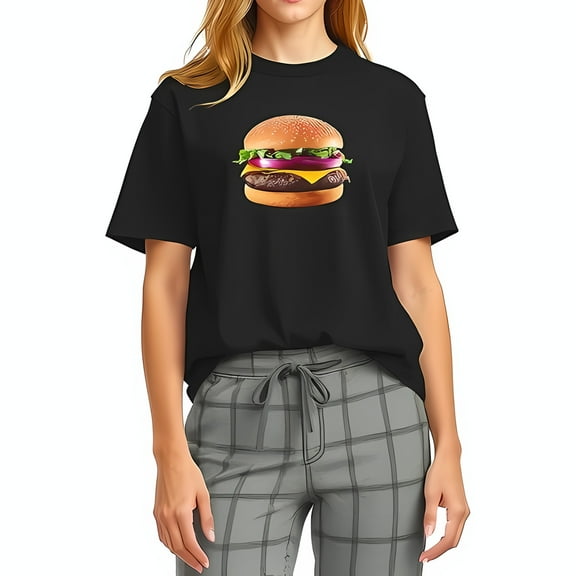 Cheeseburger Graphic T-Shirt for Women - Black Short Sleeve Tee with High- Print - Casual Style