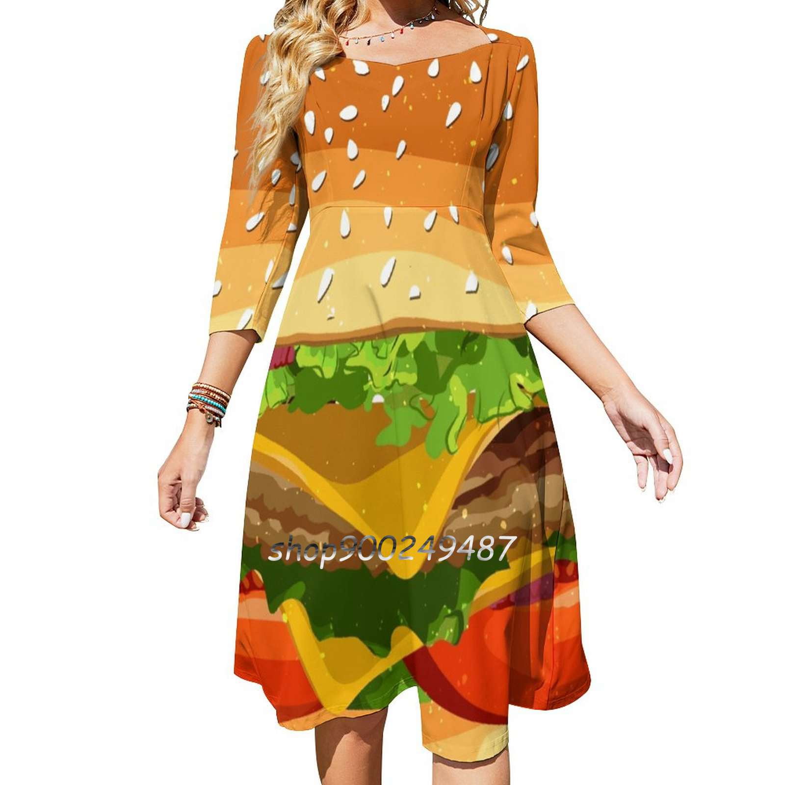 Cheeseburger Pattern Evening Party Dresses MidiDress Female Cheeseburger Pattern Evening Party Dresses MidiDress Female