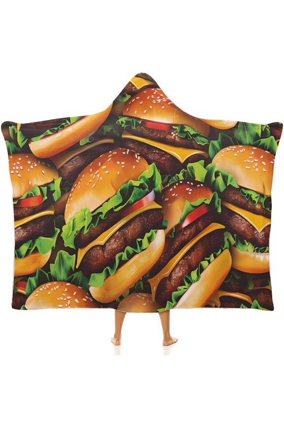 Cheeseburgers Hamburgers Wearable Hooded Blanket Warm Cozy Throw Blanket Cloak Hoodie for Adult Women Men