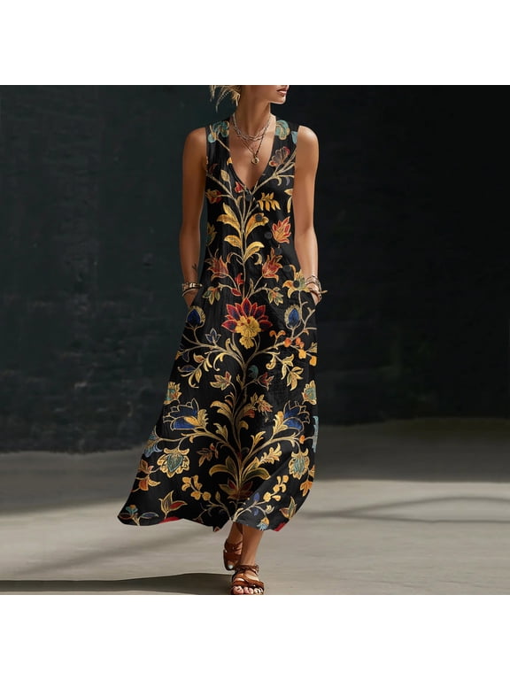 Cheesecloth Summer Dresses for Women Floral Midi Dress Cotton Linen Loose Fit with Pockets Sleeveless Casual Beach Ladies Clothing Women's Italian Style Sundress Lightweight Holiday Outfits