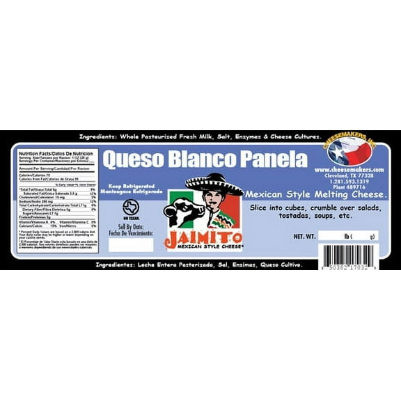 Cheesemakers Barra Queso Blanco Panela Cheese, 5 Pound -- 4 per case.