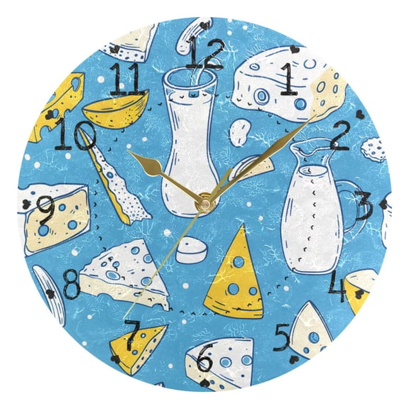 Cheeses Milk Round Wall Clock Silent Analog Battery Operated Gold Pointer Home Decor 9.84" Diameter
