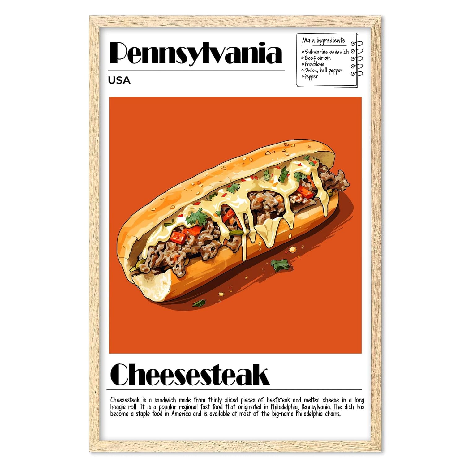 Cheesesteak Poster, Food Wall Art, USA Food Print, Modern Kitchen Wall ...