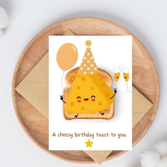 Cheesy Birthday Toast Card Adorable Cheese Slice Character with Balloon and Champagne Glasses Perfect for Celebrating Birthdays Envelope Included