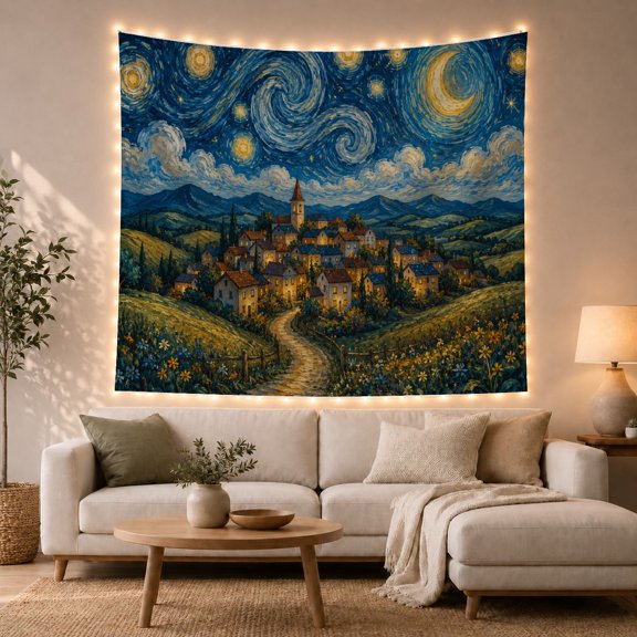 Cheesy Moon Starry Night Village With Glowing Spire Under Swirling Sky Dreamy Impressionist for Art Lovers Starry Wall Art Housewarming Gift Tapestry Wall Hanging for Bedroom and Living Room