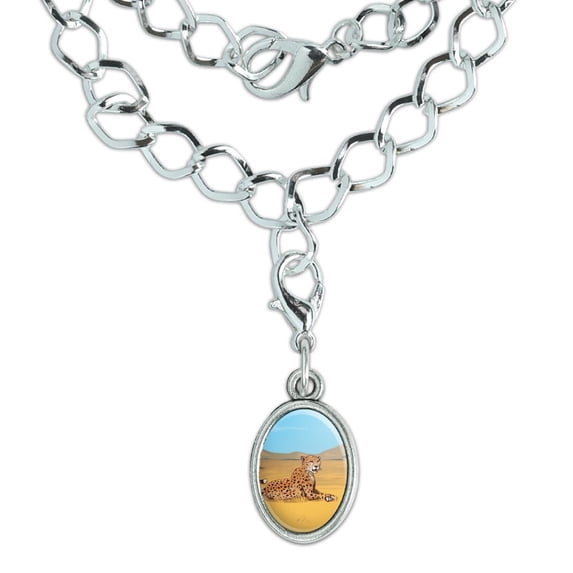 Cheetah Africa Savannah Silver Plated Bracelet with Antiqued Oval Charm
