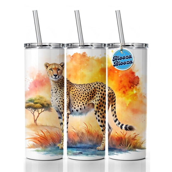 Cheetah African Plain Watercolor Design 20oz Insulated Water Bottle Skinny Tumbler Includes Straw