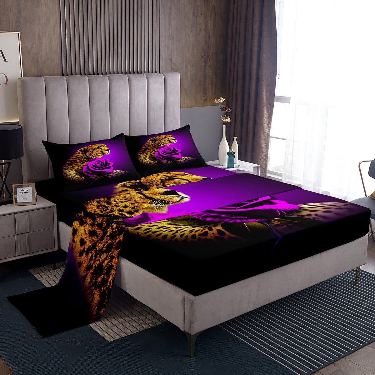 Cheetah Bed Sheets Set Leopard Print Twin Sheet Set,Romantic Purple