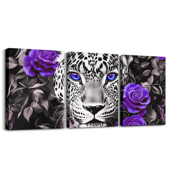 Cheetah Canvas Wall Art Set of 3,Purple Rose Framed Wall Art Black and White Grey Leopard Print Wall Decor Living Room,Western Animals Poster Prints Artwork for Walls Flowers Hang Pictures Home Decor