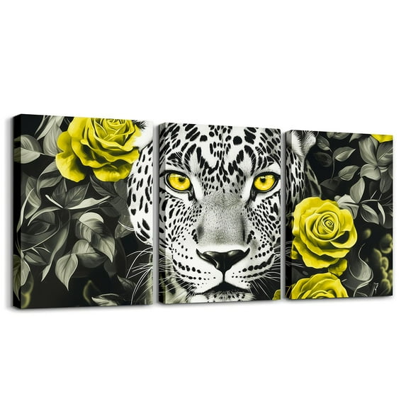 Cheetah Canvas Wall Art Yellow Rose Paintings Wall Decor,Black and White Grey Leopard Print Framed Wall Art for Living Room,African Animals Flowers Canvas Artwork Paintings 3pcs Pictures Wall Decor