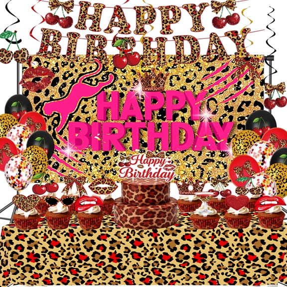 Cheetah Cherry Birthday Decorations Kit, 66 PCS Leopard Print Party Supplies