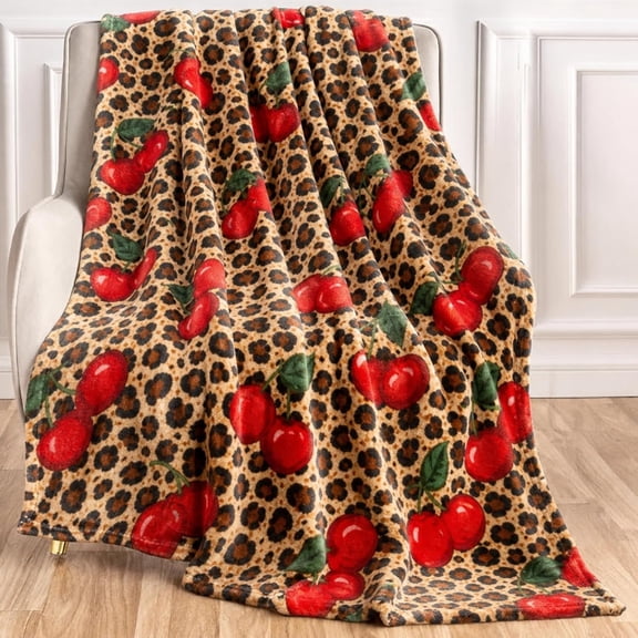 Cheetah Cherry Blanket 50'' x 60'' Flannel Leopard Blanket for Sofa Red Cherry Brown Cheetah Print Decoration Soft Gift for Women Bed Sofa Birthday Party Room Decor
