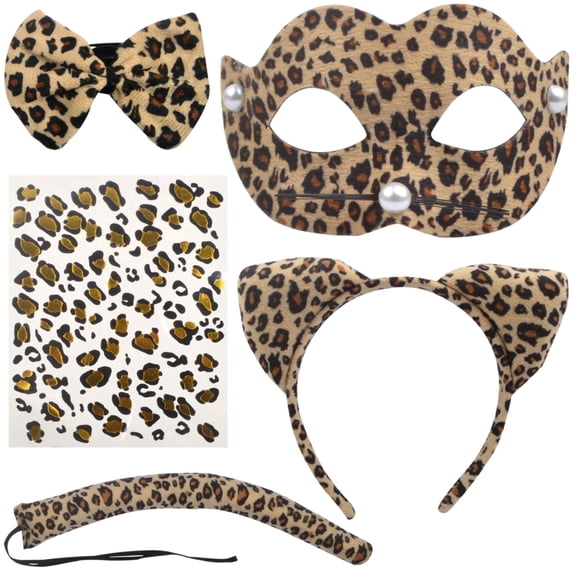 Cheetah Costume Set, Leopard Cat Animal Ears Headband Bow Tail and Leopard Print Face Sticker Tattoo Masquerade Mask for Halloween